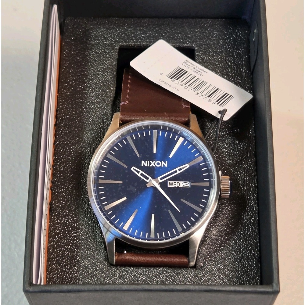 Nixon Sentry Watch Mens Blue Dial Brown Leather Strap 42mm Case A105-1524-00 NEW
